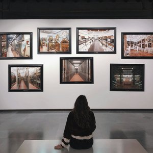 Woman viewing artwork in museum